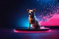 3d render neon abstract background, cute dog sitting on a podium in neon light
