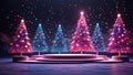 3d render neon abstract background podium with Christmas tree and snowflakes