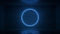 3d render of neon circle frame on background in the room. Banner design. Retrowave, synthwave, vaporwave illustration. Royalty Free Stock Photo