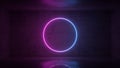 3d render of neon circle frame on background in the room. Banner design. Retrowave, synthwave, vaporwave illustration.