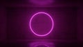 3d render of neon circle frame on background in the room. Banner design. Retrowave, synthwave, vaporwave illustration.