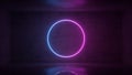 3d render of neon circle frame on background in the room. Banner design. Retrowave, synthwave, vaporwave illustration.