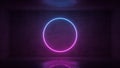 3d render of neon circle frame on background in the room. Banner design. Retrowave, synthwave, vaporwave illustration.