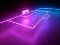 3d render, neon football playground, soccer field perspective angle view, virtual sportive game, pink blue glowing line. Royalty Free Stock Photo