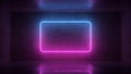 3d render of neon frame on background in the room. Banner design. Retrowave, synthwave, vaporwave illustration.