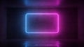 3d render of neon frame on background in the room. Banner design. Retrowave, synthwave, vaporwave illustration.