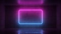 3d render of neon frame on background in the room. Banner design. Retrowave, synthwave, vaporwave illustration.