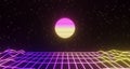 3d render, neon glowing retro wireframe with sun poster Royalty Free Stock Photo