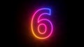3d render, neon number six glowing with gradient colors, isolated on black background Royalty Free Stock Photo