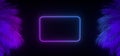 3d render of neon palm leaves and frame on the black. Banner design. Retrowave, synthwave, vaporwave illustration. Royalty Free Stock Photo