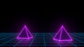 3d render of neon pyramid on grid background. Banner design. Retrowave, synthwave, vaporwave illustration. Party and Royalty Free Stock Photo