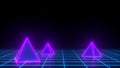 3d render of neon pyramid on grid background. Banner design. Retrowave, synthwave, vaporwave illustration. Party and