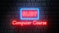 3d render of neon sign of Ruby computer course on brick wall at night. Online learning. Software development or application