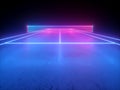 3d render, neon tennis court scheme with net, virtual sport playground perspective view, sportive game, pink blue glowing line Royalty Free Stock Photo