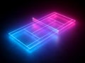3d render, neon tennis court scheme, sportive game virtual sport playground perspective view, pink blue glowing line over black Royalty Free Stock Photo
