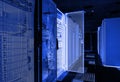 3D render Network and internet communication technology concept, data center interior, server racks with