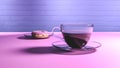 3D render of nice looking glass cup with coffee on a plate and colorful donut in the background. On the pink vibrant surface with