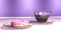 3D render of nice looking glass cup with coffee on a plate and colorful donut. On the bright surface with vibrant brick wall in