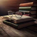3D Render of Night Study Room Foreground With Eyeglasses And Books On Wooden Royalty Free Stock Photo
