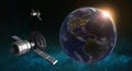 3D render of nightlights on planet earth with satellites in orbit