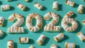 A 3D render of the number 2026 as marshmallows in a playful flat lay pattern on a mint green background Royalty Free Stock Photo