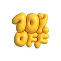 3D render number 10 percentage yellow plastic, balloon style. Sale discount tag. Raster