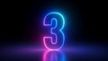 3d render, number three glowing in the dark, pink blue neon light.