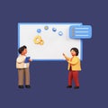 3D Render Of Official Employees Using Tablet With Whiteboard Or Display On Blue