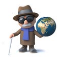 3d Old blind man character holding a globe of the Earth Royalty Free Stock Photo
