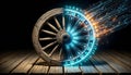 3D render of an old wooden cartwheel evolving into a high-tech illuminated digital wheel showcasing the concept Reinvent the Wheel