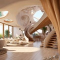 3D render of one floor house interior. A concept of a modern area. colorful and curv stairs