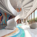 3D render of one floor house interior. A concept of a modern area. colorful and curv stairs