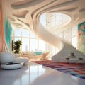 3D render of one floor house interior. A concept of a modern area. colorful and curv stairs