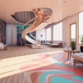 3D render of one floor house interior. A concept of a modern area. colorful and curv stairs