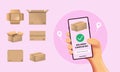 3d render for online delivery phone concept. Fast respond delivery package shipping on mobile with realistic box set. Cute cartoon Royalty Free Stock Photo