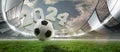 3D render of open air stadium with soccer ball and numerals 2024 at sport arena. Wide angle view. Upcoming match Royalty Free Stock Photo