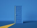 3d render, open blue door isolated on blue background, yellow light going through the slot. Architectural design element. Royalty Free Stock Photo