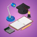 3D render of Open Book with Graduation Cap, Table Lamp, Calculator and Pencil Royalty Free Stock Photo