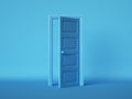 3d render, open door isolated on blue background. Architectural design element. Modern minimal concept. Opportunity metaphor.