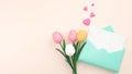 3D Render of Open Envelope With Blank Paper, Colorful Tulip Bouquet With Hearts Element. Mother\'s Day Royalty Free Stock Photo