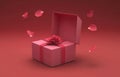 In this 3D render, an open gift box with cascading rose petals is displayed on a red background, emphasizing a luxury Royalty Free Stock Photo