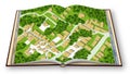 3D render of an opened photo book of an imaginary city map with residential buildings, roads, gardens green areas and trees -