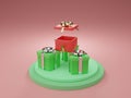 3d render of opening red Christmas present box on close green gift boxes on green circle stage