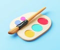 A 3D render of a painter palette and a paint brush icon isolated on a white background. Royalty Free Stock Photo