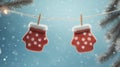 3D Render Pair of Mittens Hanging on Clothesline, Mittens, Winter Fashion, Cozy