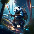 3d render of panda warrior with sword and shield in fantasy forest generative AI