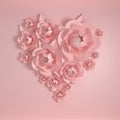 3d render paper flowers, heart shape. Pastel colors, pink background and paper flowers. Floral composition, wedding, quilling,