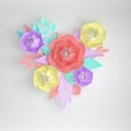 3d render paper flowers, heart shape. Pastel colors, white background and paper flowers. Floral composition, wedding card,