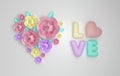 3d render paper flowers, heart shape, plastic letters LOVE. Pastel colors, pink background and paper flowers. Floral composition, Royalty Free Stock Photo