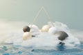 3d render of pastel ball, soaps bubbles, blobs that floating on the air with fluffy clouds and ocean. Romance land of dream scene